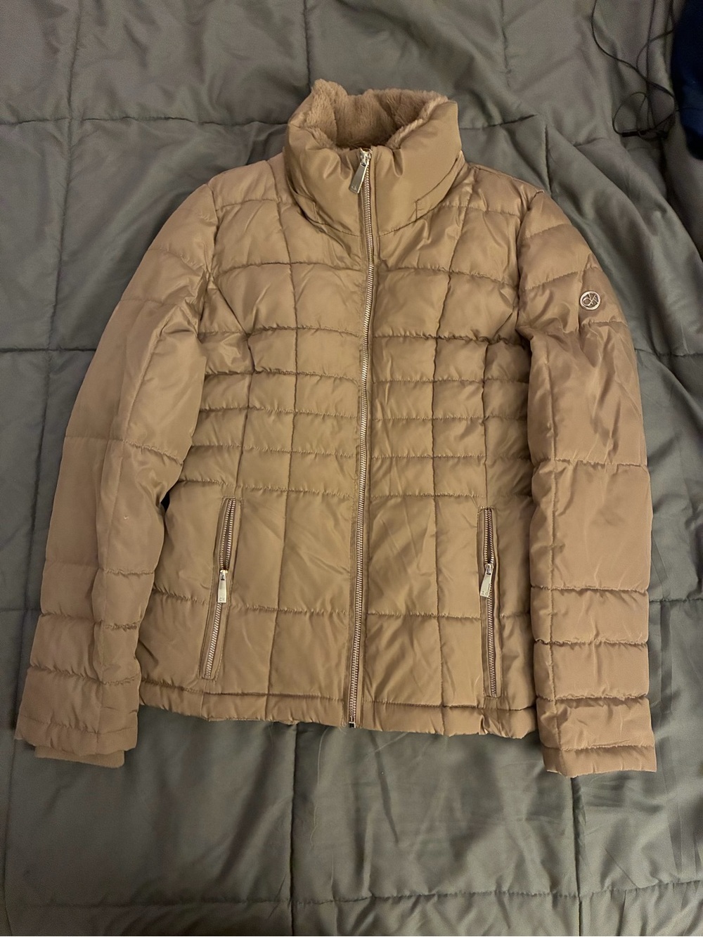 Calvin Klein Tan Quilted Puffer Jacket with High Collar